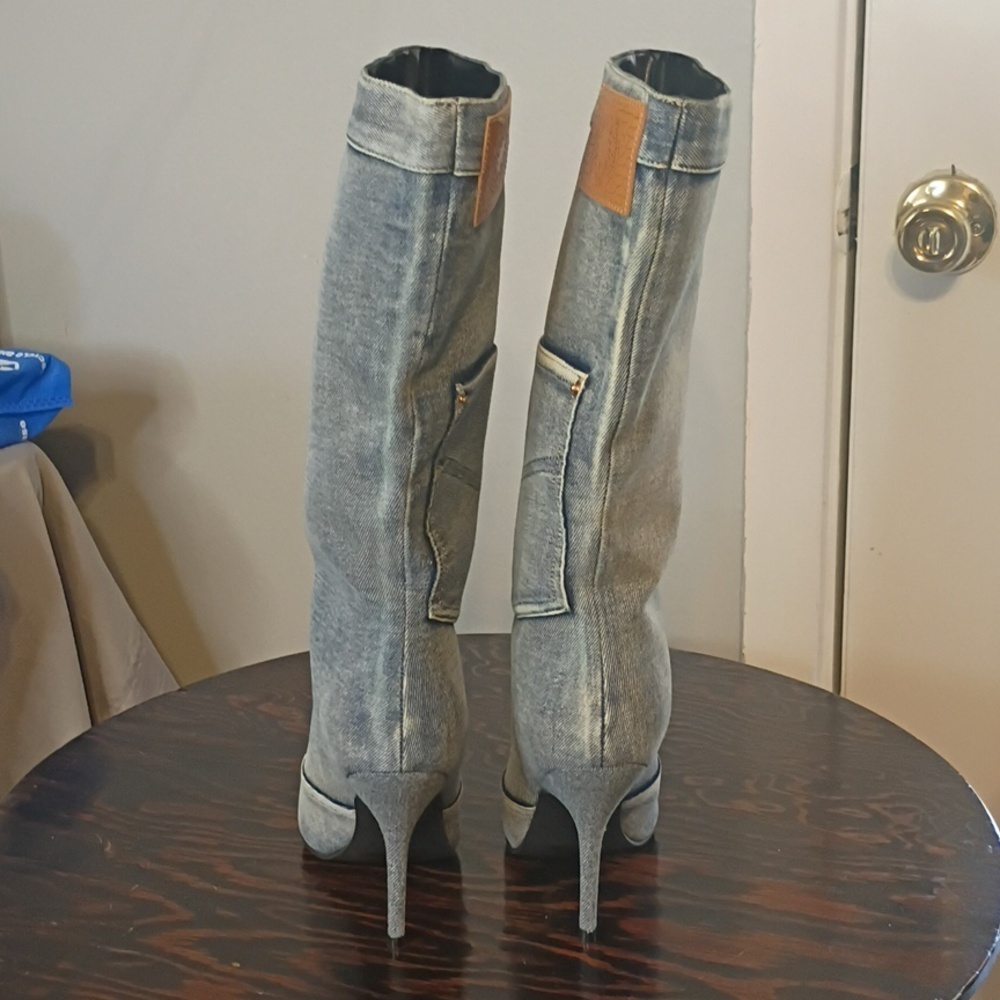 Cape Robbin Light Blue Denim Knee-High Stiletto Boots W/Pockets - Picture 4 of 10